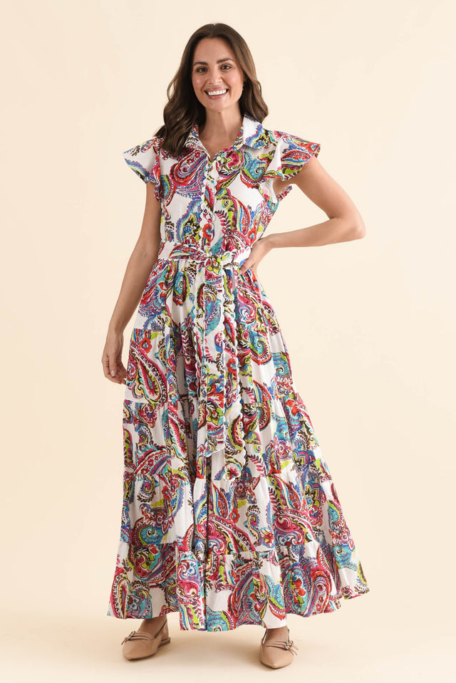 Melody White Paisley Cotton Maxi Dress,Front,Brunette model,alt text|model:MJ image 1