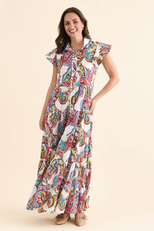 Melody White Paisley Cotton Maxi Dress,Full Body,Brunette model,alt text|model:MJ image 6