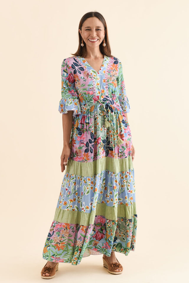Miami Blue Garden Frill Maxi Dress,Full Body,Brunette model,alt text|model:Cara image 3