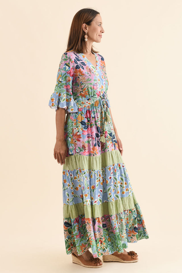 Miami Blue Garden Frill Maxi Dress,Side,Brunette model,alt text|model:Cara image 4