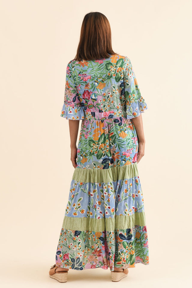 Miami Blue Garden Frill Maxi Dress,Back,Brunette model,alt text|model:Cara image 5