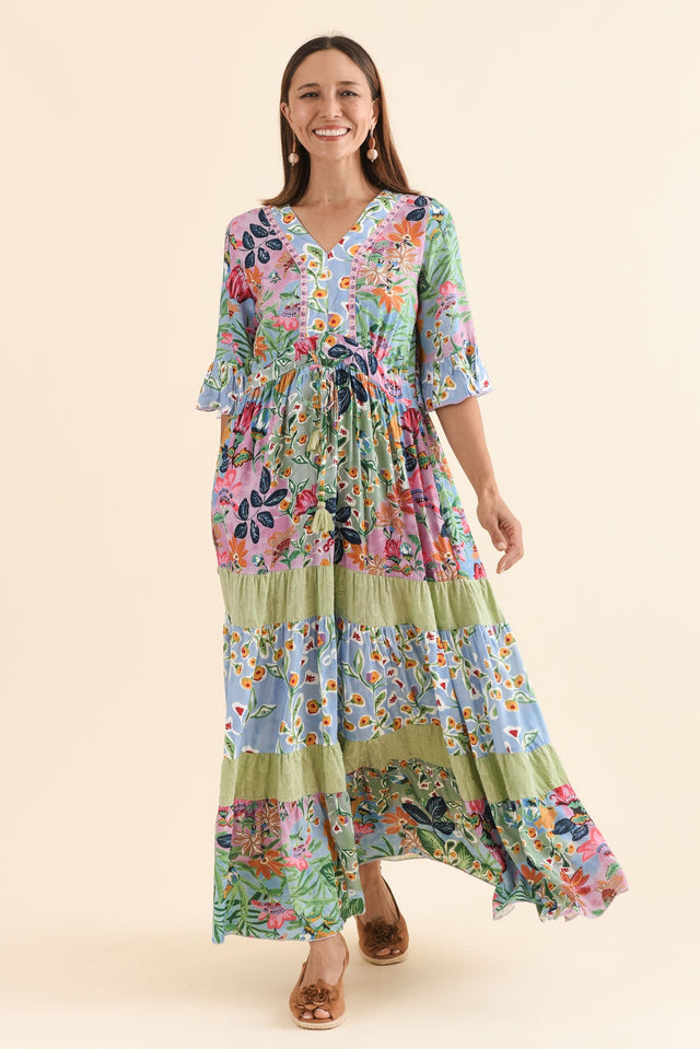 Miami Blue Garden Frill Maxi Dress,Full Body,Brunette model,alt text|model:Cara image 7