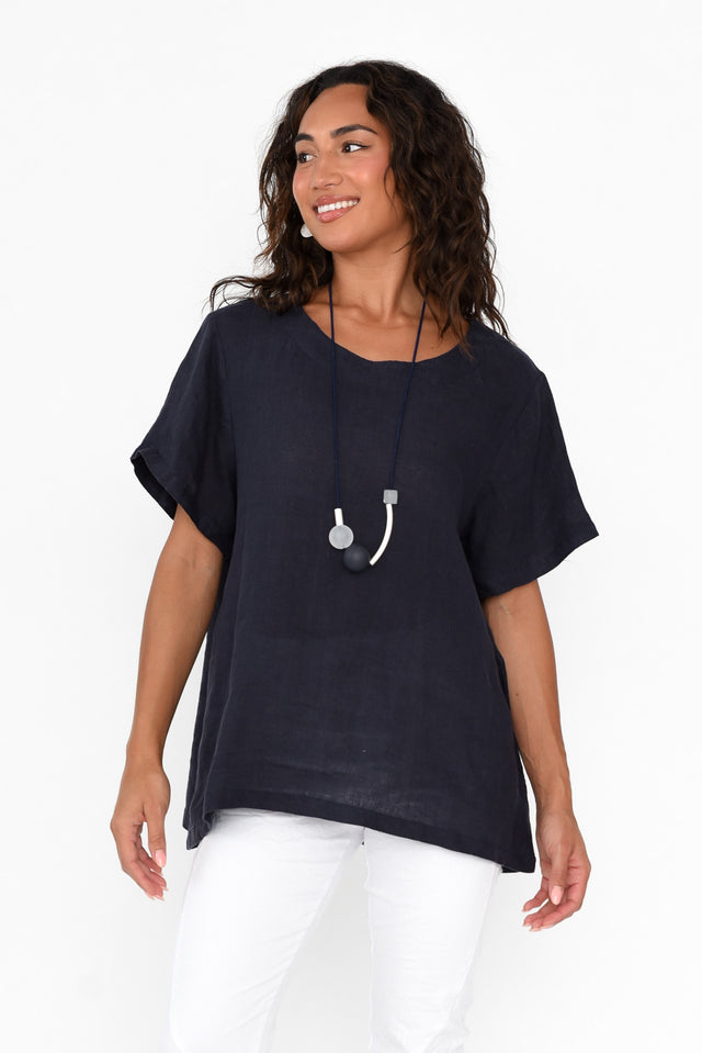 Micah Navy Linen Scoop Neck Top neckline_Round  alt text|model:Demi;wearing:S/M image 1