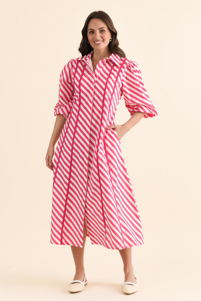 Micah Pink Stripe Cotton Poplin Dress,brunette model,Full Outfit,alt text|model:MJ image 6