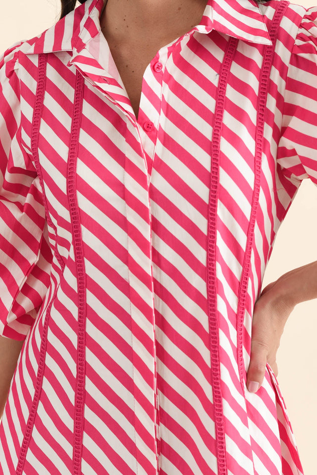 Micah Pink Stripe Cotton Poplin Dress,brunette model,Close up of outfit,alt text|model:MJ image 5