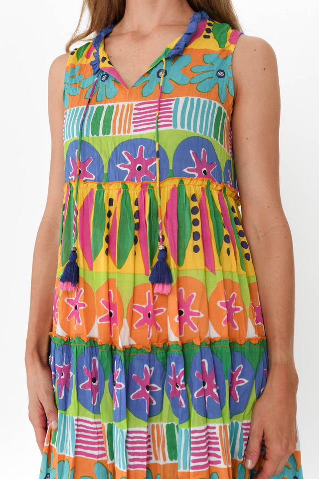 Miguel Orange Geo Cotton Sleeveless Dress