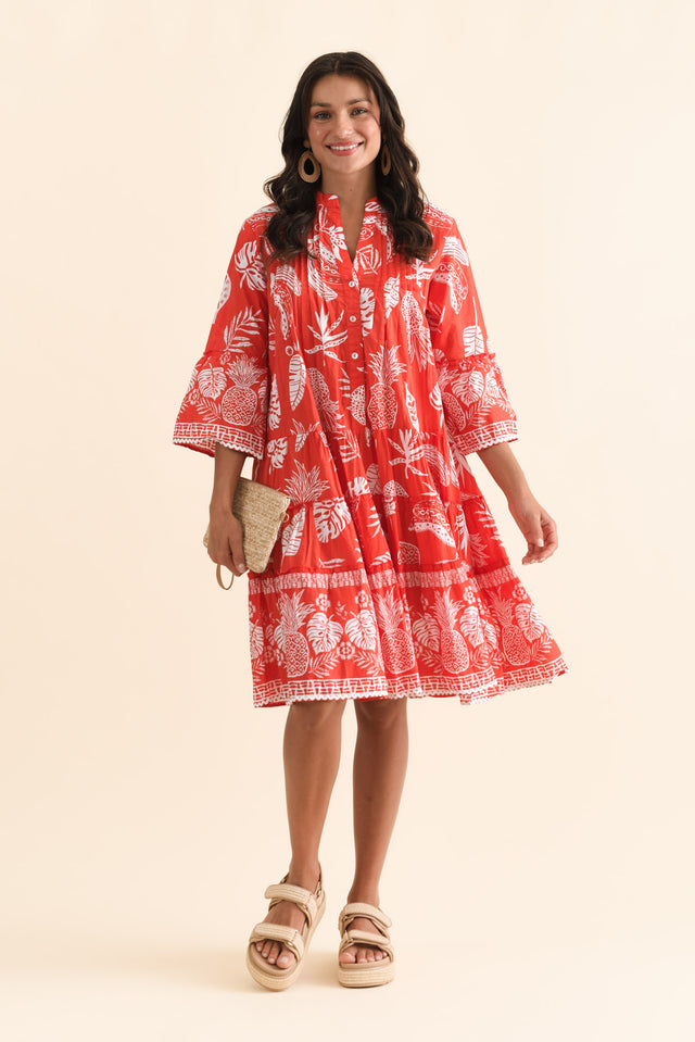 Mikella Red Tropical Cotton Dress,Brunette model,alt text|model:Brontie image 3