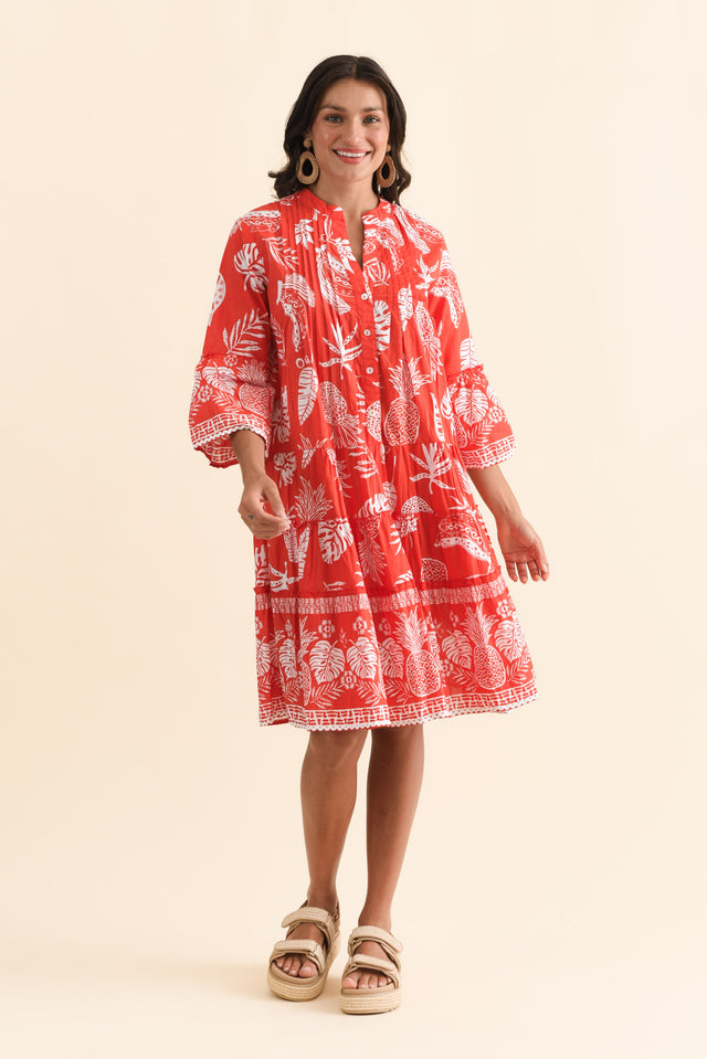Mikella Red Tropical Cotton Dress,Brunette model,alt text|model:Brontie image 4