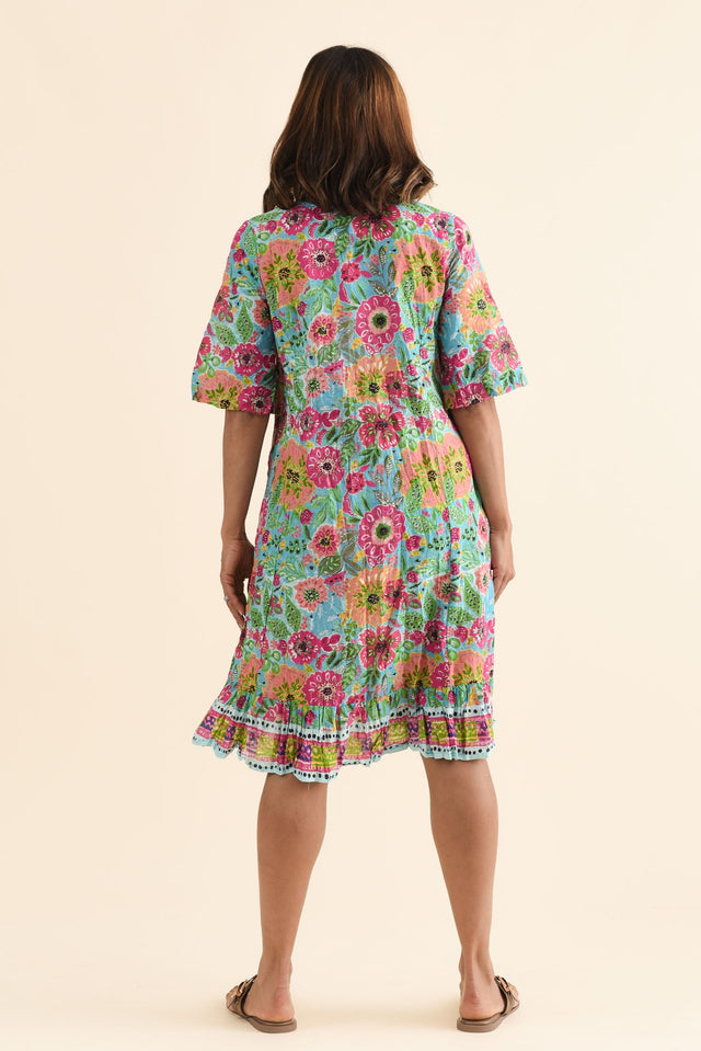 Mila Blue Floral Crinkle Cotton Dress,Back,Brunette model,alt text|model:Cara image 4