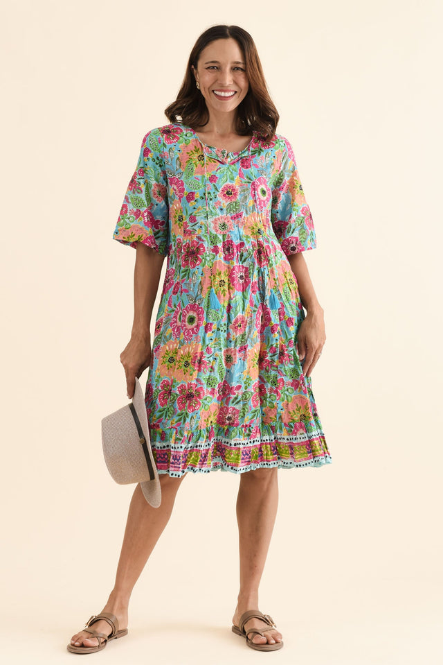 Mila Blue Floral Crinkle Cotton Dress,Front,Brunette model,alt text|model:Cara