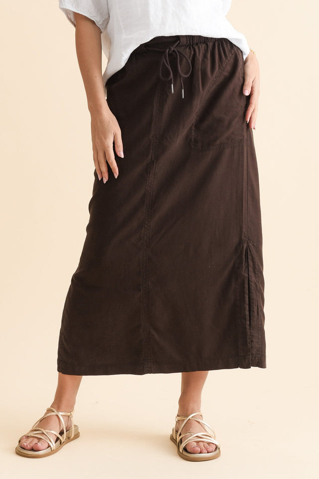 Mila Chocolate Drawstring Skirt,Front,Brunette model,alt text|model:MJ image 1