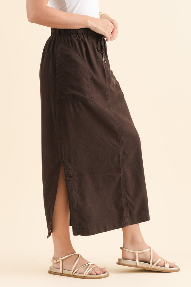 Mila Chocolate Drawstring Skirt,Side,Brunette model,alt text|model:MJ image 3