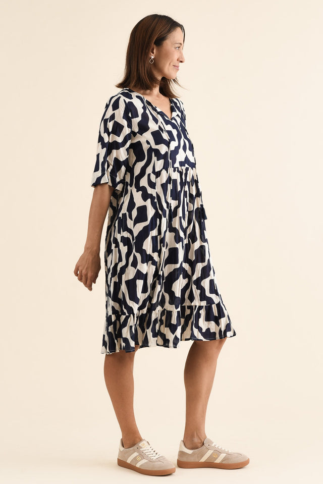 Mila Navy Motif Crinkle Cotton Dress,Side,Brunette model,alt text|model:Cara image 3