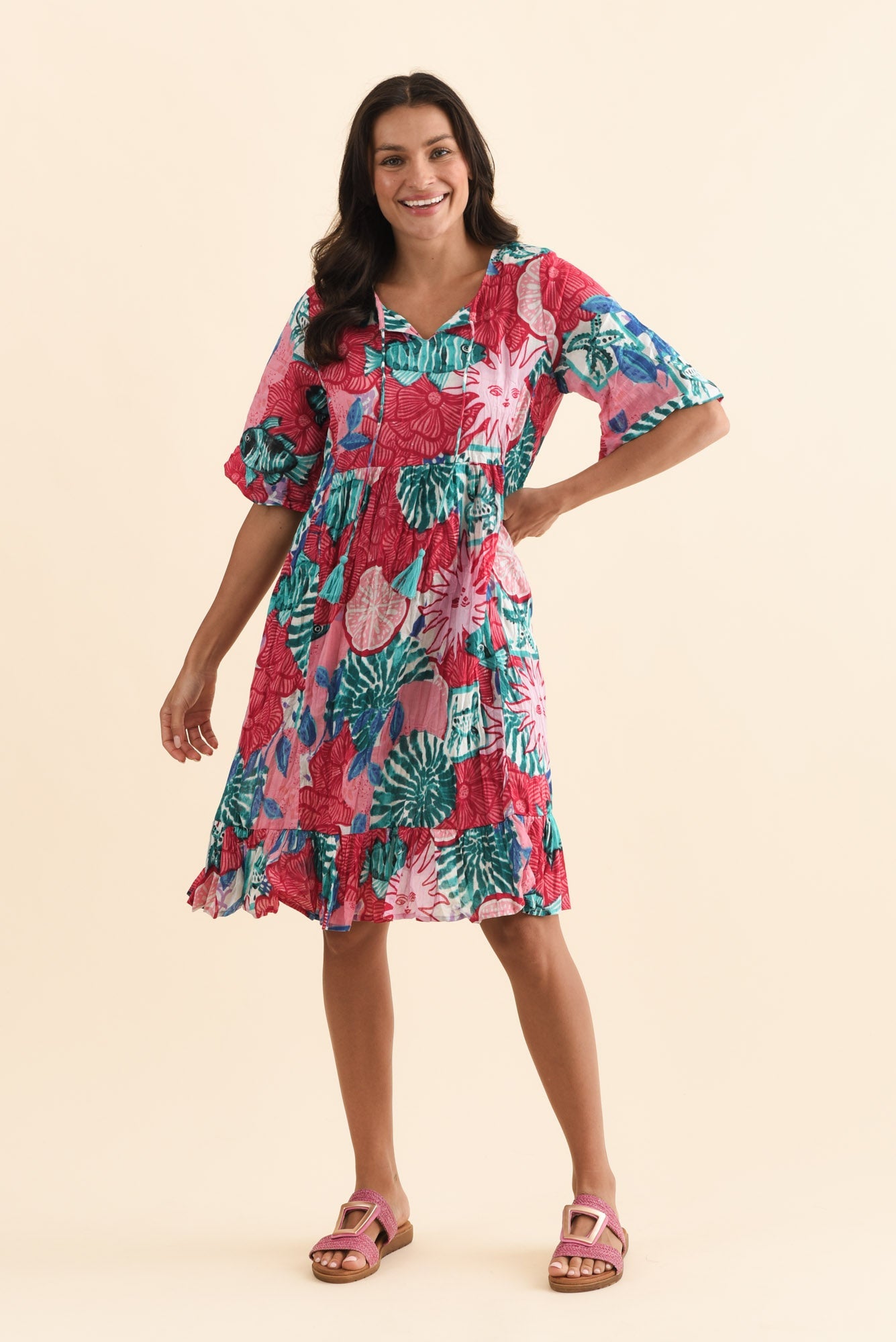 Mila Pink Abstract Crinkle Cotton Dress