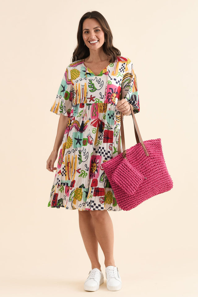 Mila White Seaside Crinkle Cotton Dress,Front,Brunette model,alt text|model:MJ