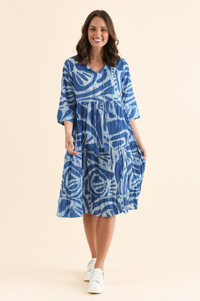 Milana Cobalt Abstract Crinkle Cotton Dress,Front,Brunette model,alt text|model:MJ