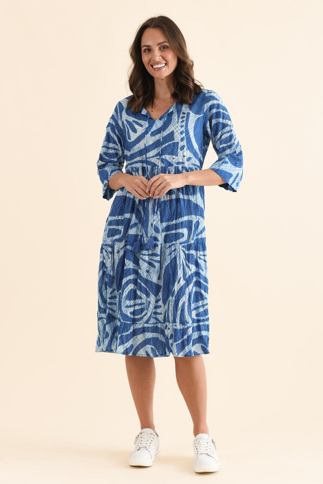 Milana Cobalt Abstract Crinkle Cotton Dress,Full Body,Brunette model,alt text|model:MJ image 7