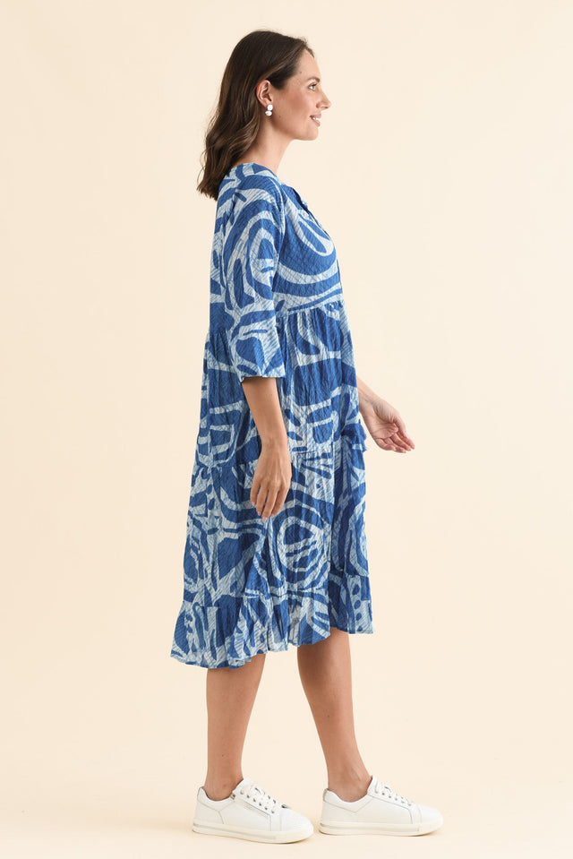 Milana Cobalt Abstract Crinkle Cotton Dress,Side,Brunette model,alt text|model:MJ image 4