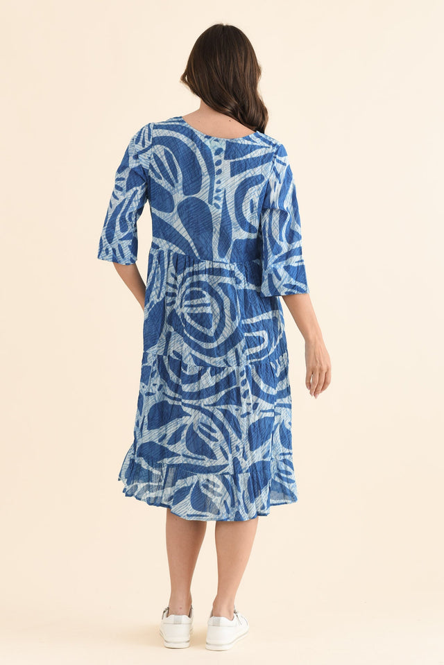 Milana Cobalt Abstract Crinkle Cotton Dress,Back,Brunette model,alt text|model:MJ image 5