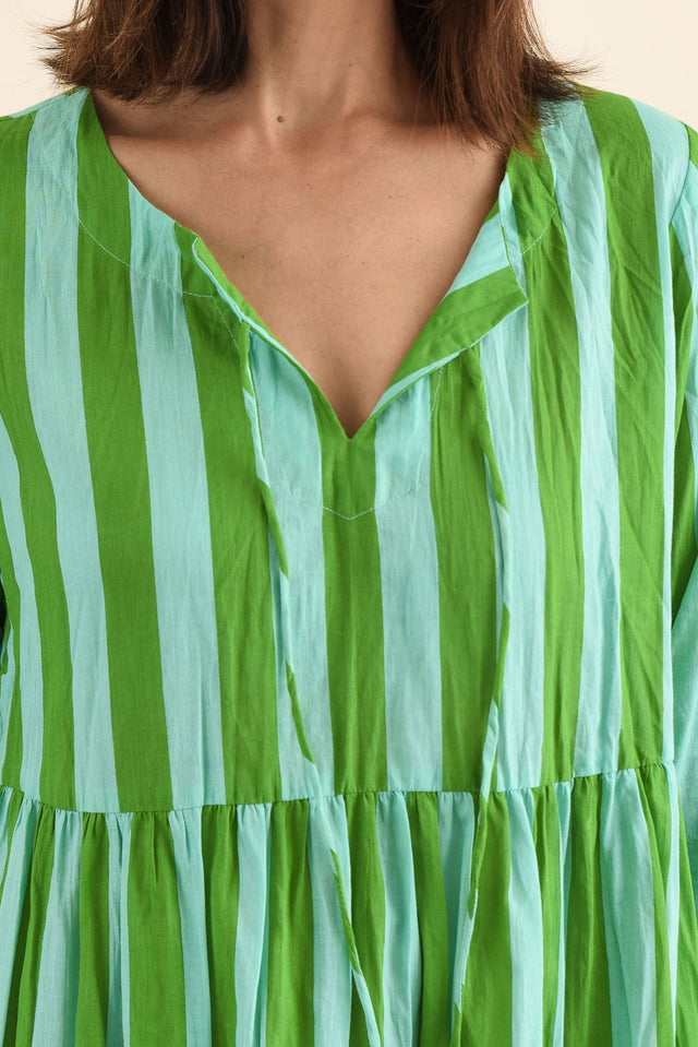 Milana Green Stripe Crinkle Cotton Dress,Detail,Brunette model,alt text|model:Cara image 7
