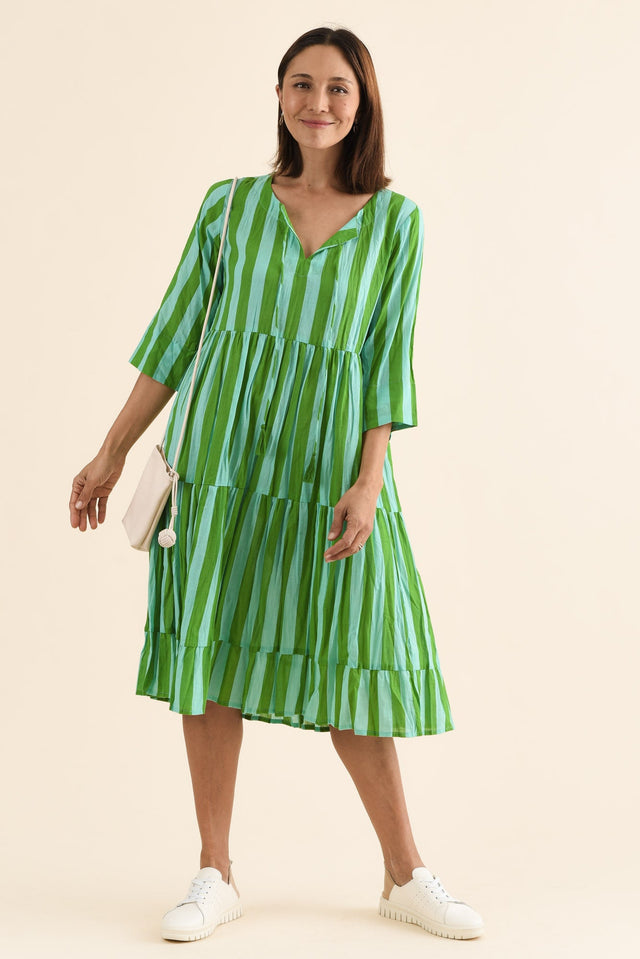 Milana Green Stripe Crinkle Cotton Dress,Full Body,Brunette model,alt text|model:Cara image 4