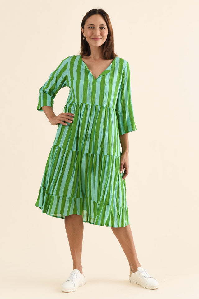 Milana Green Stripe Crinkle Cotton Dress,Full Body,Brunette model,alt text|model:Cara image 8