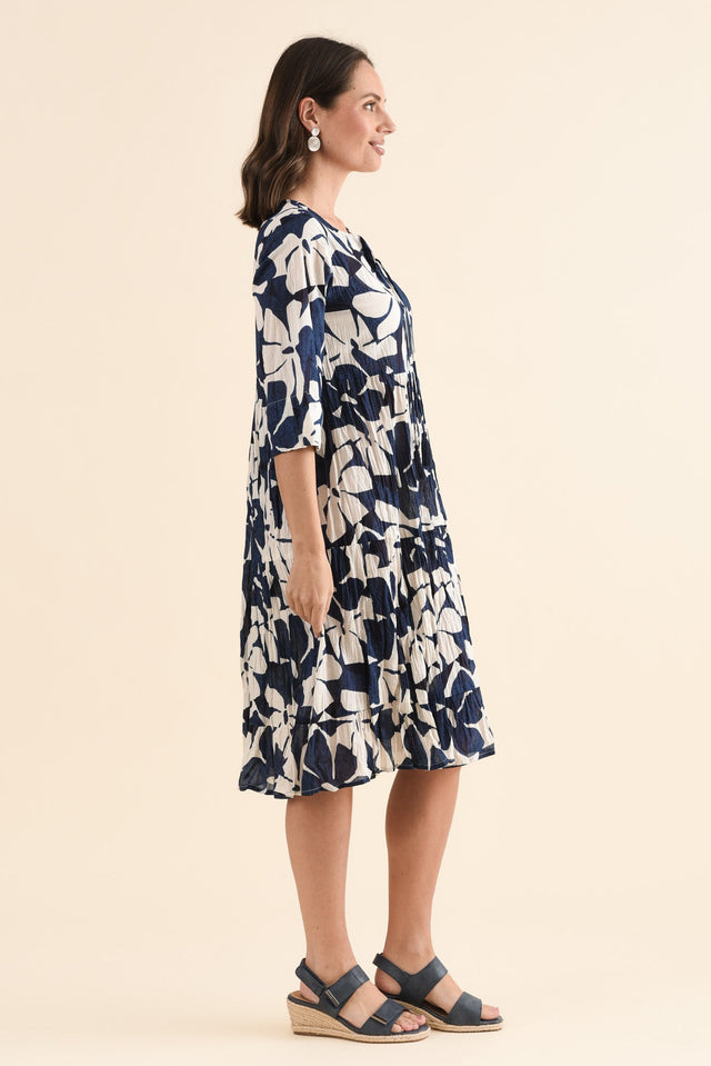 Milana Navy Garden Crinkle Cotton Dress,Side,Brunette model,alt text|model:MJ image 4