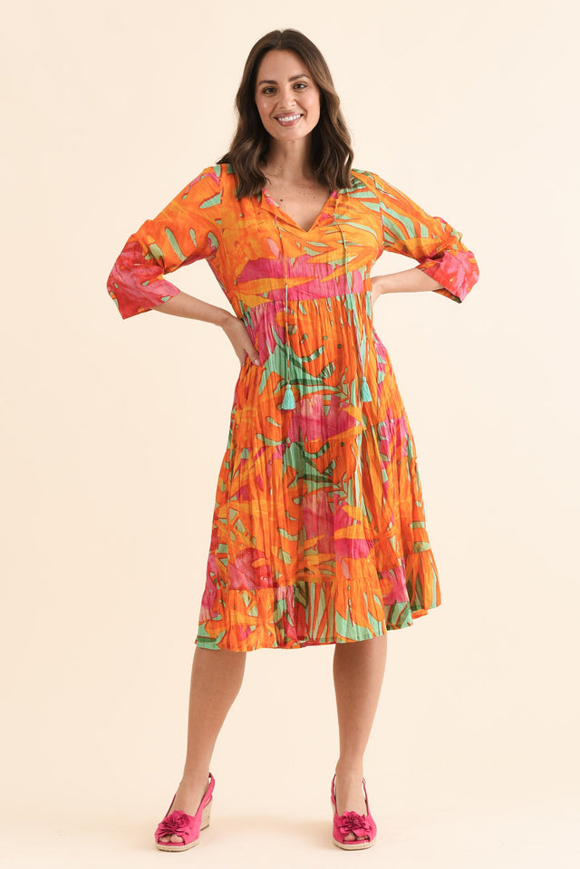 Milana Orange Leaf Crinkle Cotton Dress,Full Body,Brunette model,alt text|model:MJ image 2