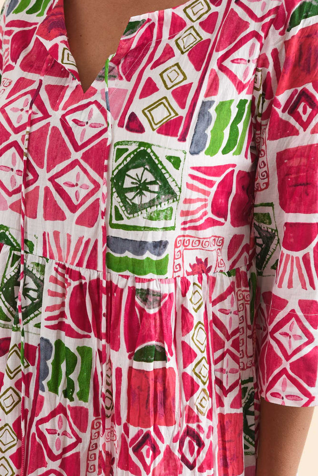 Milana Pink Tile Crinkle Cotton Dress,Detail,Brunette model,alt text|model:Brontie image 5