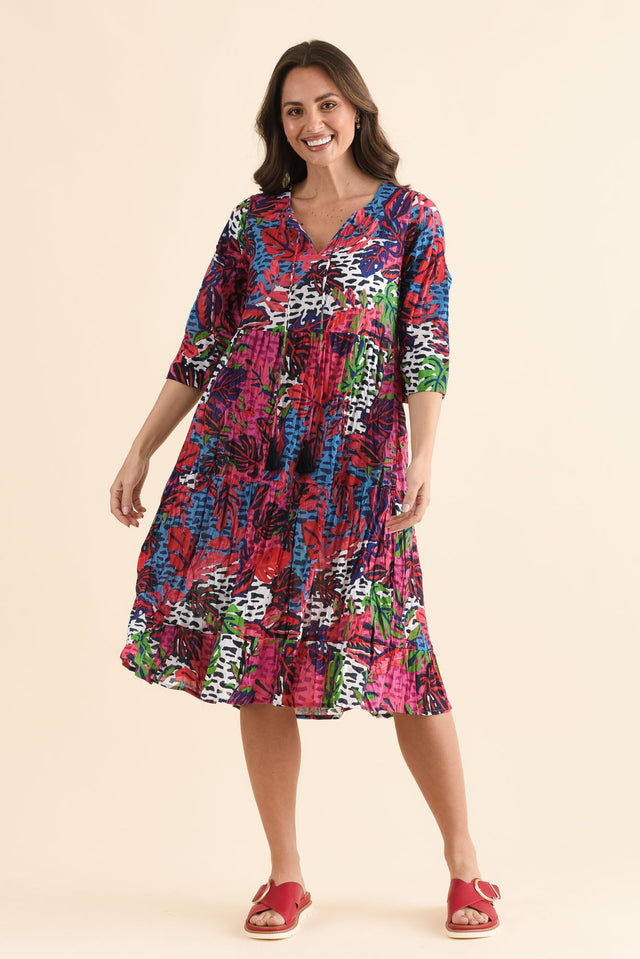 Milana Purple Leaf Crinkle Cotton Dress,Front,Brunette model,alt text|model:MJ image 1