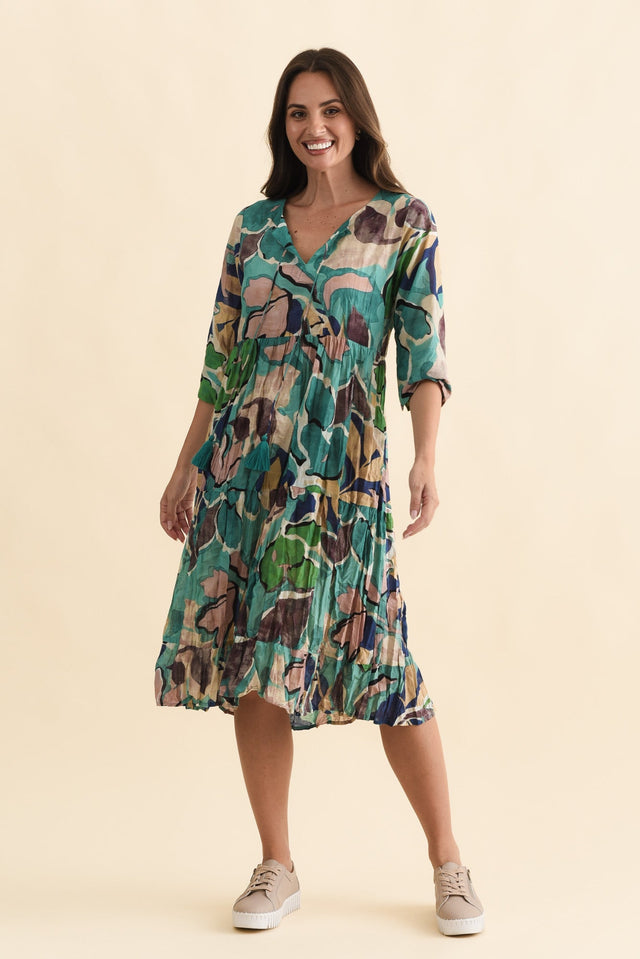 Milana Teal Foliage Crinkle Cotton Dress,Brunette model,alt text|model:MJ image 7