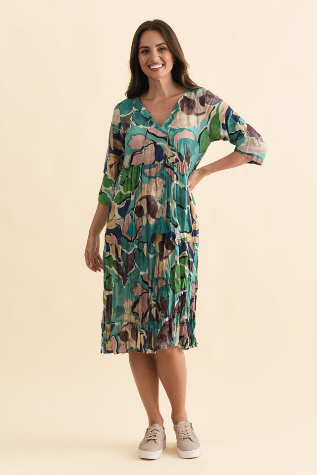 Milana Teal Foliage Crinkle Cotton Dress,Brunette model,alt text|model:MJ image 3