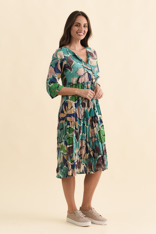 Milana Teal Foliage Crinkle Cotton Dress,Brunette model,alt text|model:MJ image 4