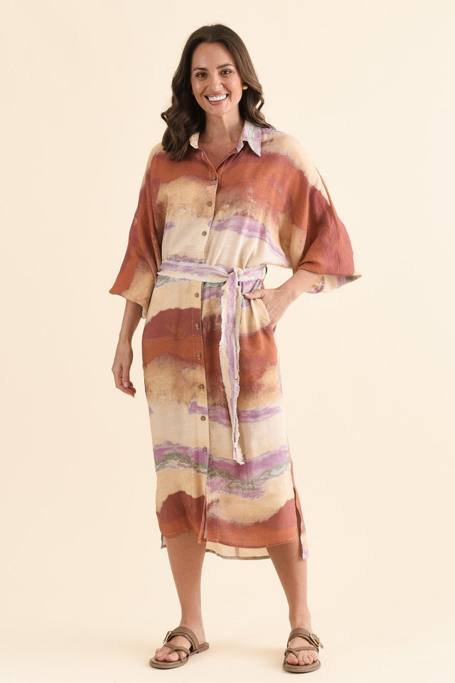 Milano Rust Stripe Linen Blend Dress,Full Body,Brunette model,alt text|model:MJ