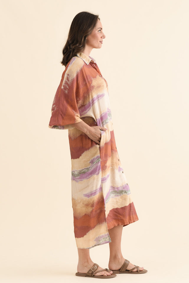 Milano Rust Stripe Linen Blend Dress,Side,Brunette model,alt text|model:MJ image 3
