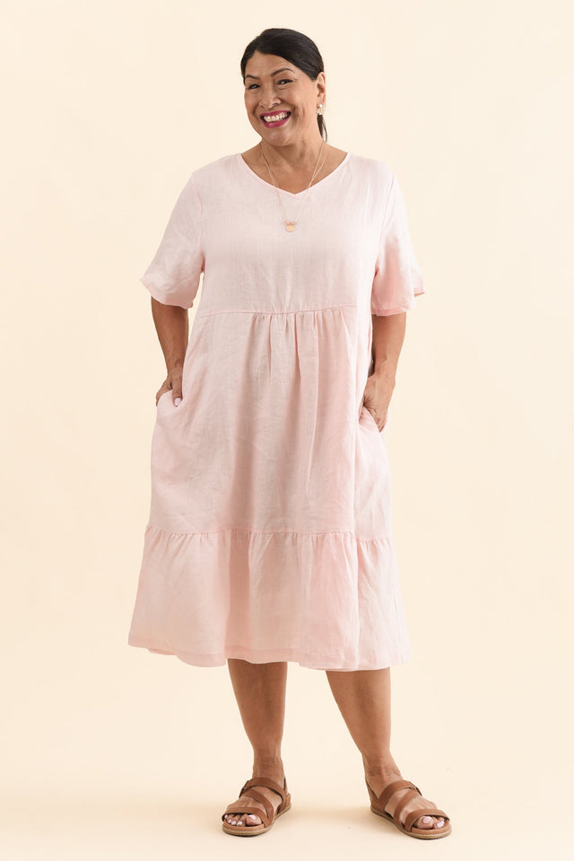 Miller Blush Linen Tiered Dress,Full Body,Brunette model,alt text|model:Pilita image 10