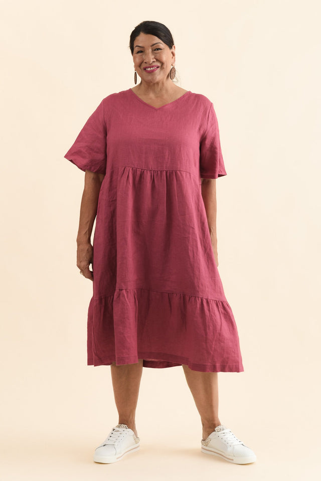 Miller Pink Linen Tiered Dress,Full Body,Brunette model,alt text|model:Pilita image 9