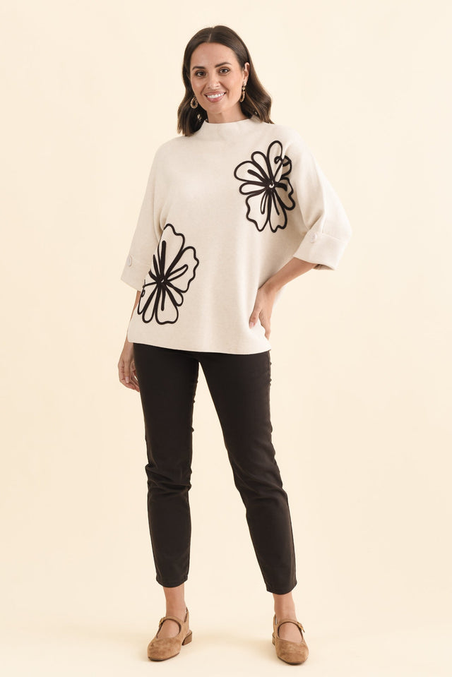 Mimosa Beige Flower Knit Jumper,Brunette model,alt text|model:MJ image 7