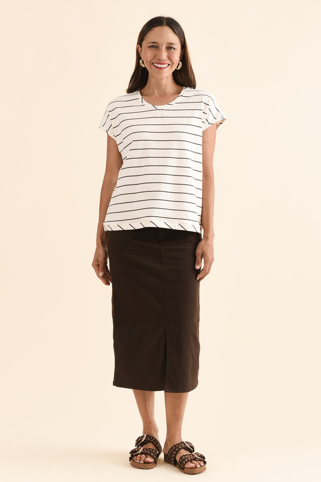 Mindy Cream Stripe Cotton Shell Tee,Full Body,Brunette model,alt text|model:Cara