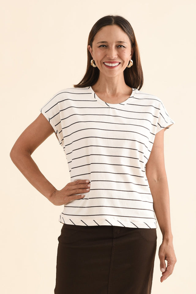 Mindy Cream Stripe Cotton Shell Tee,Front,Brunette model,alt text|model:Cara
