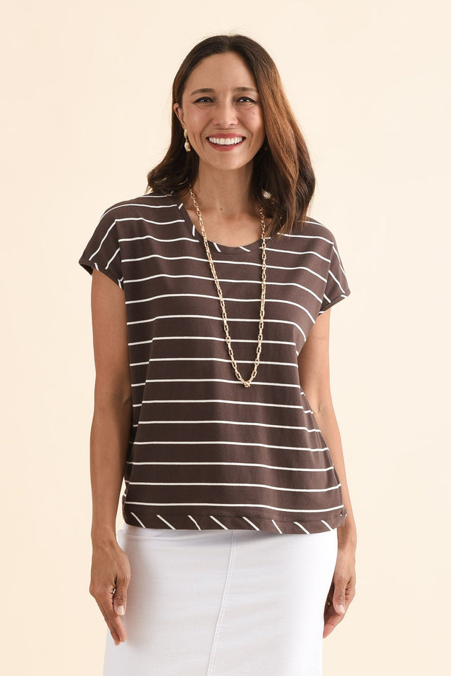 Mindy Dark Brown Stripe Cotton Shell Tee,Front,Brunette model,alt text|model:Cara