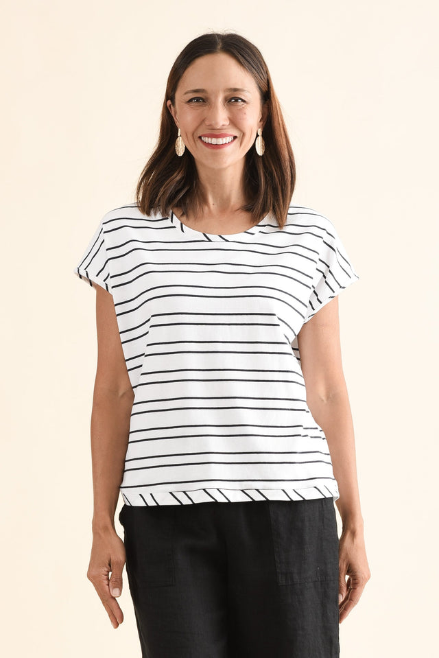 Mindy White Stripe Cotton Shell Tee,Front,Brunette model,alt text|model:Cara
