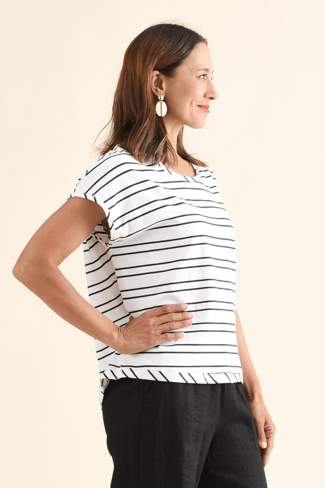 Mindy White Stripe Cotton Shell Tee,Side,Brunette model,alt text|model:Cara image 3