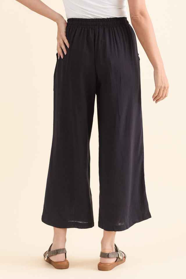 Minnelli Dark Blue Linen Cotton Pants,Back,Brunette model,alt text|model:MJ image 4