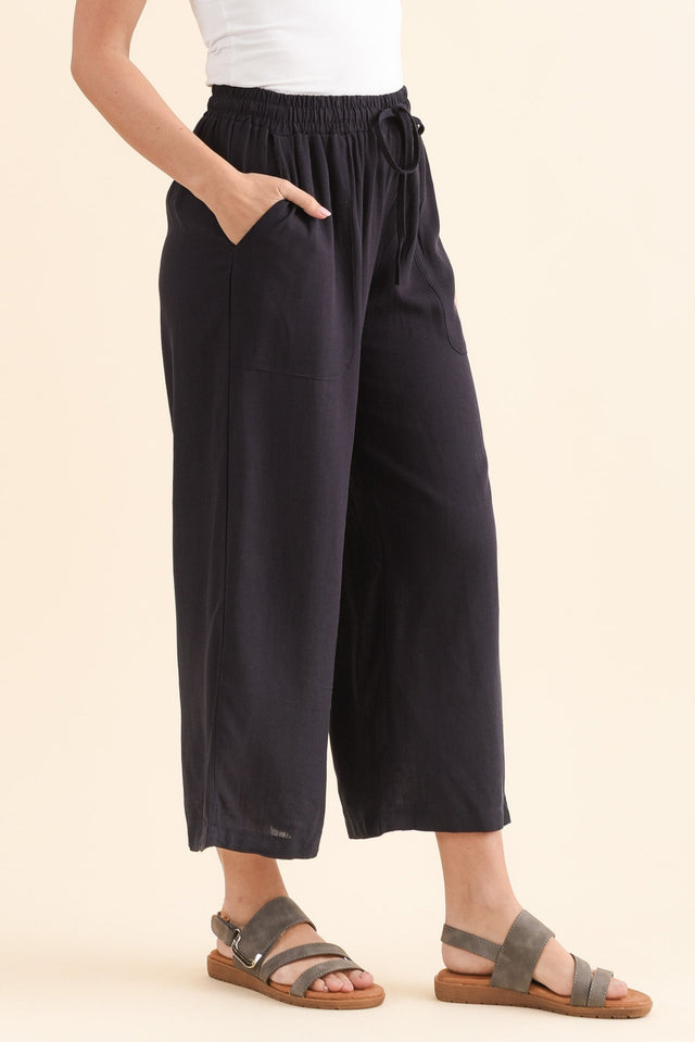 Minnelli Dark Blue Linen Cotton Pants,Side,Brunette model,alt text|model:MJ image 3