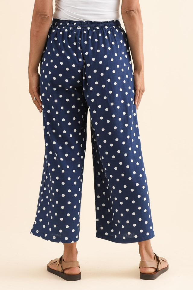 Minnelli Navy Spot Linen Cotton Pants,Back,Brunette model,alt text|model:Cara image 4