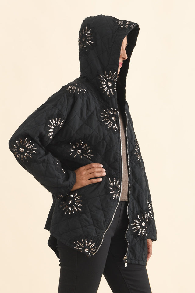 Mintaro Black Sequin Quilted Jacket,Brunette model,alt text|model:Cara image 4