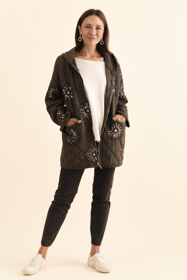 Mintaro Chocolate Sequin Quilted Jacket,Brunette model,alt text|model:Cara image 7