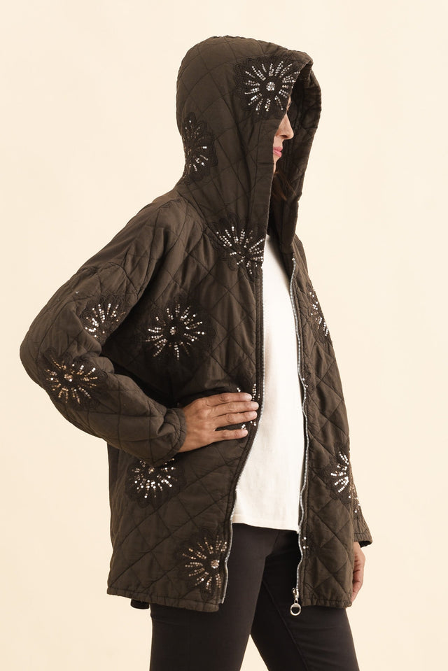Mintaro Chocolate Sequin Quilted Jacket,Brunette model,alt text|model:Cara image 4
