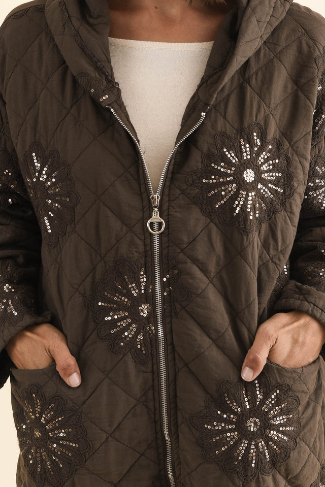 Mintaro Chocolate Sequin Quilted Jacket,Brunette model,alt text|model:Cara image 6
